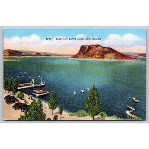 Postcard New Mexico Elephant Butte Lake Old Cars Dock Boats Linen Posted 1940